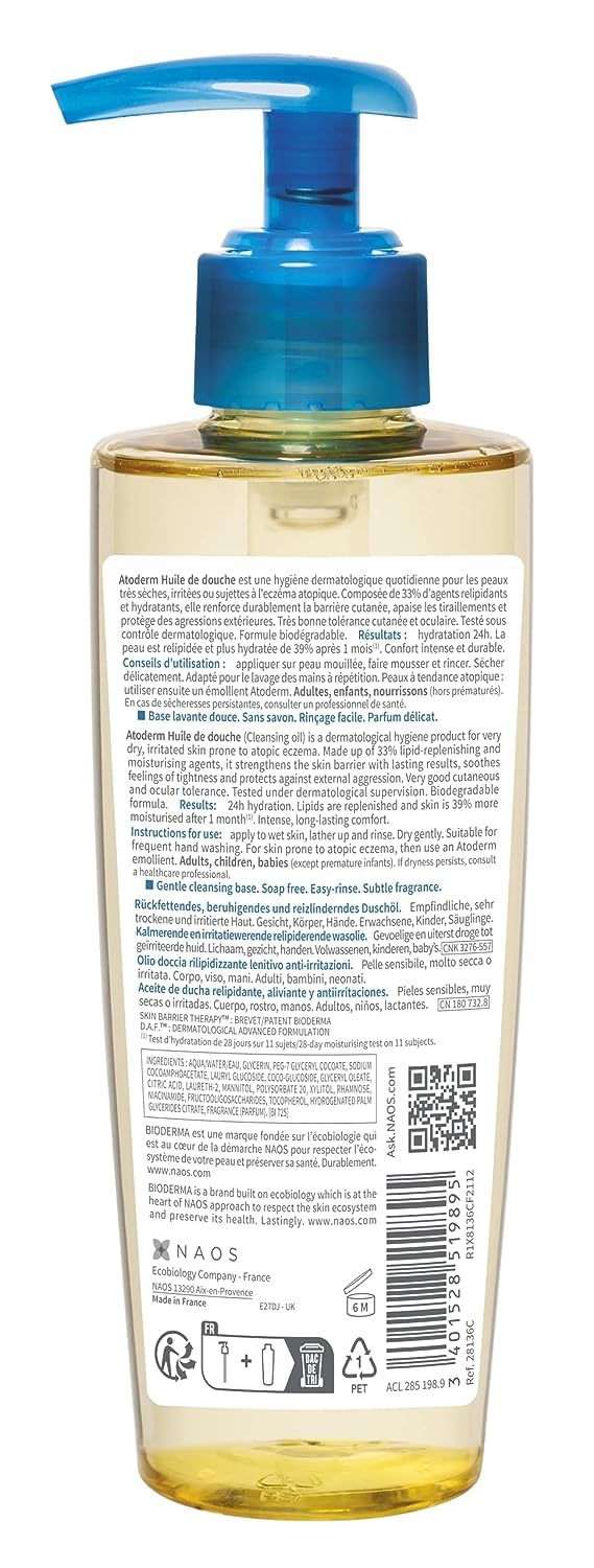 Bioderma Atoderm Shower Oil, Cleansing Oil For Face & Body, Nourishing Cleansing Oil For Dry to Atopic Sensitive Skin For Softer & Smooth Skin For Your Whole Family