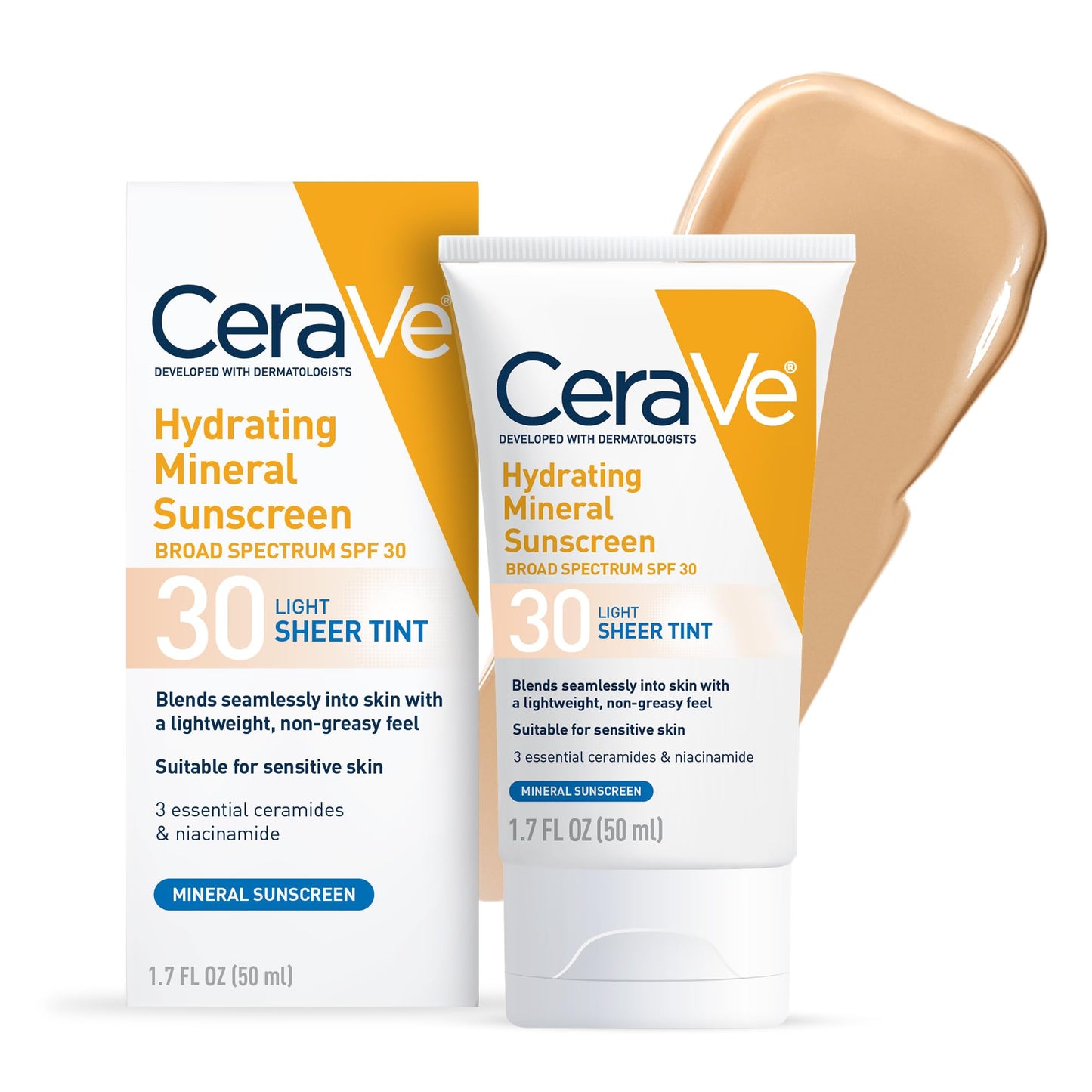 CeraVe Hydrating Mineral Sunscreen SPF 30 with Sheer Tint, Tinted Mineral Sunscreen with Zinc Oxide & Titanium Dioxide, Blends Seamlessly For Healthy Glow, Medium, 1.7 Fluid Ounce