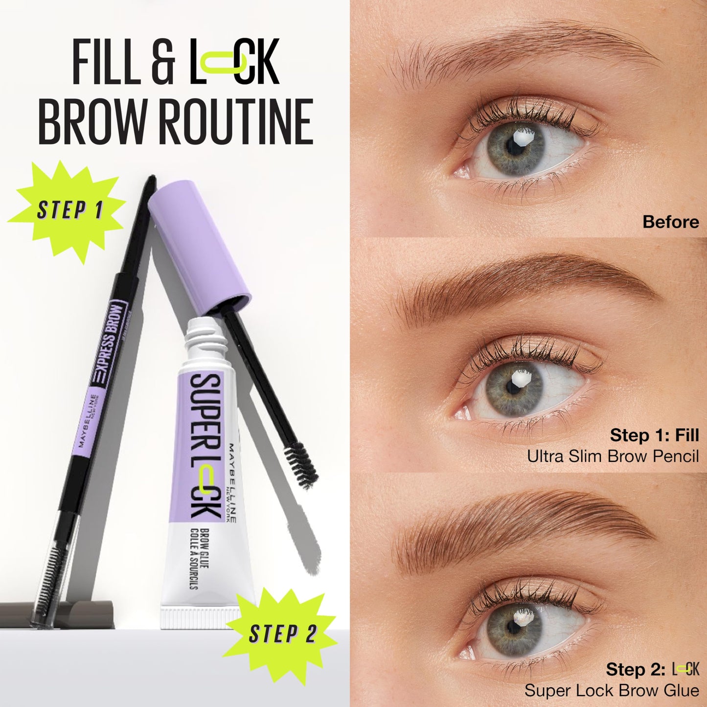 Maybelline Super Lock Brow Glue Eyebrow Gel, Lightweight Brow Gel For Up To 24HR Hold, Clear, 1 Count