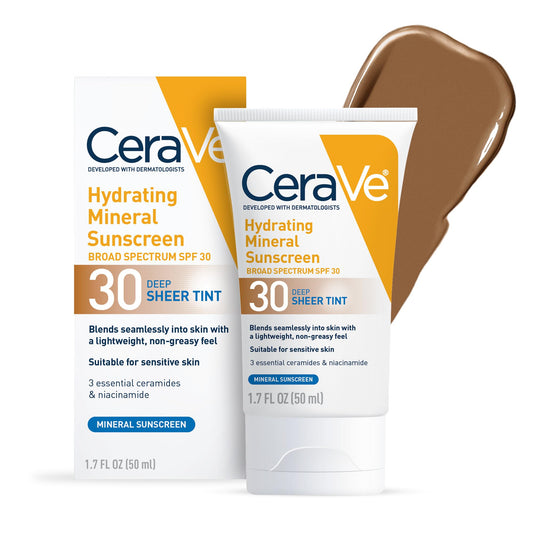 CeraVe Hydrating Mineral Sunscreen SPF 30 with Sheer Tint, Tinted Mineral Sunscreen with Zinc Oxide & Titanium Dioxide, Blends Seamlessly For Healthy Glow, Medium, 1.7 Fluid Ounce